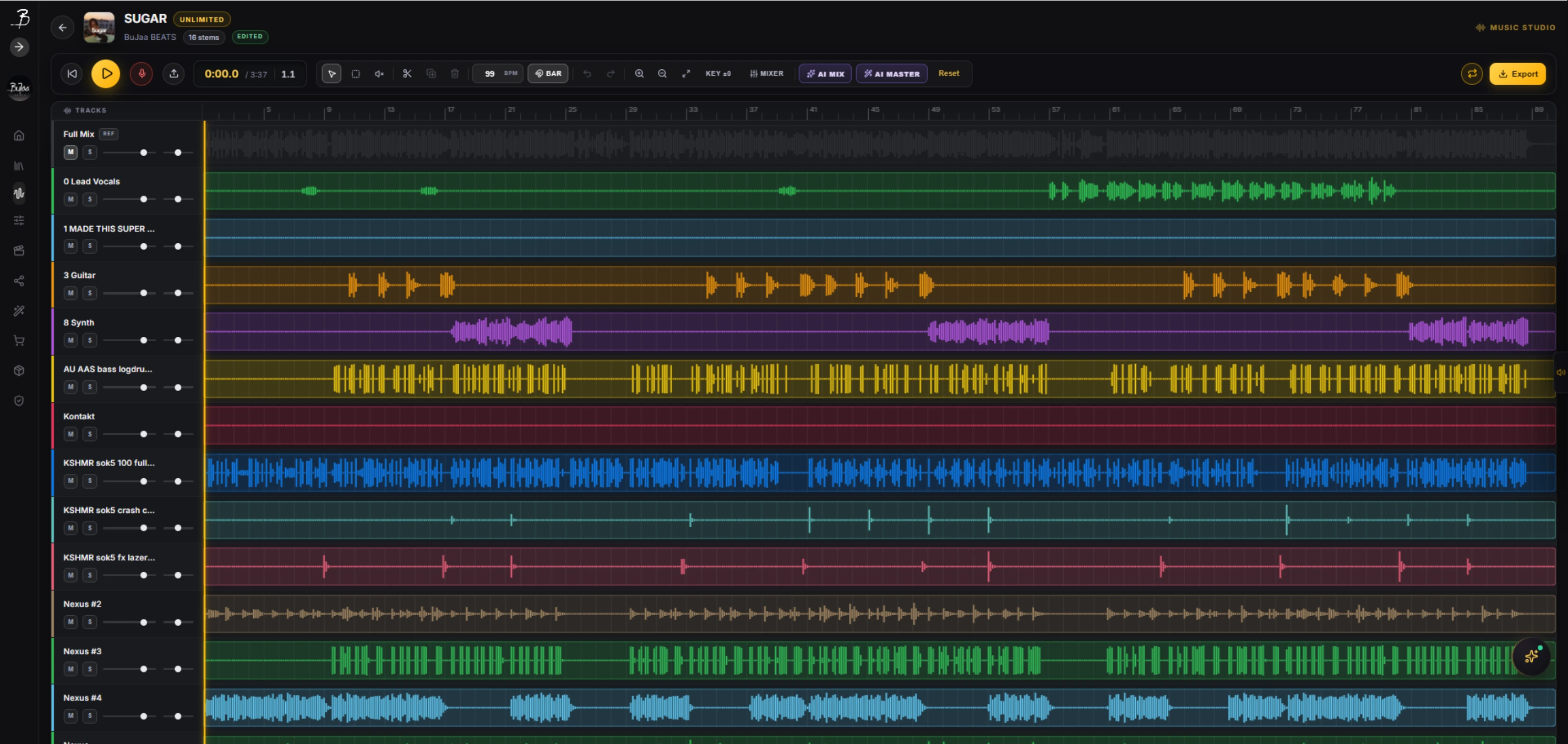 BuJaa Music Studio timeline with 16 colored stem tracks, transport controls and a bar grid
