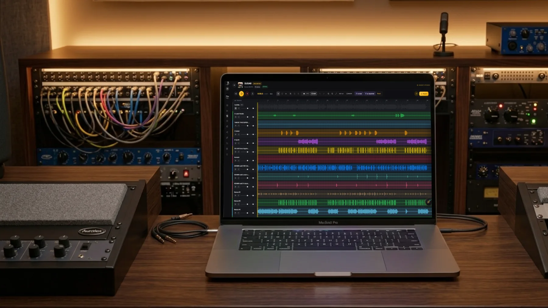 BuJaa Music Studio open on a MacBook in a warm home studio, the SUGAR session with colored stem tracks ready to remix