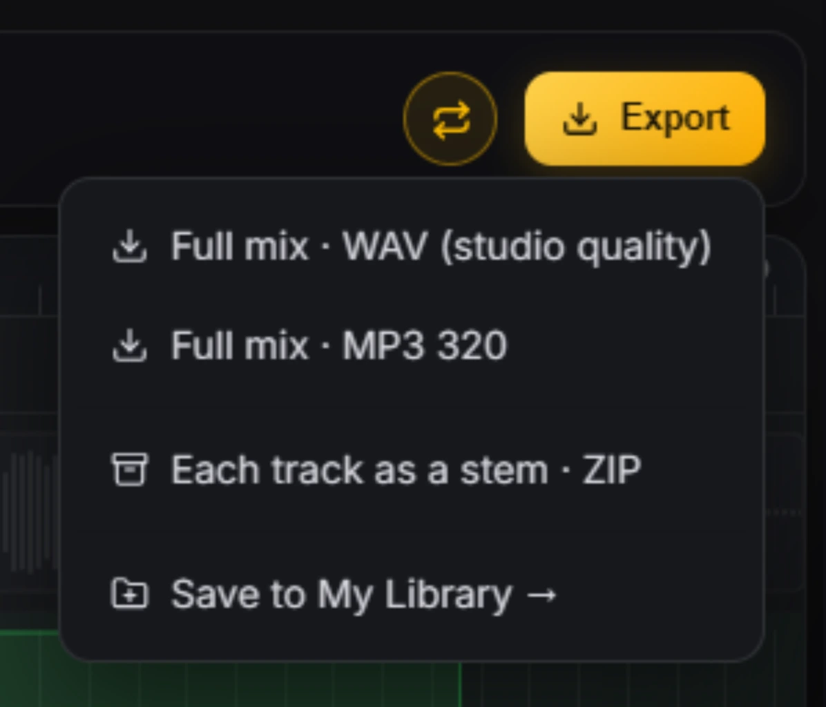 Export menu: full mix as WAV or MP3, or each track as a stem
