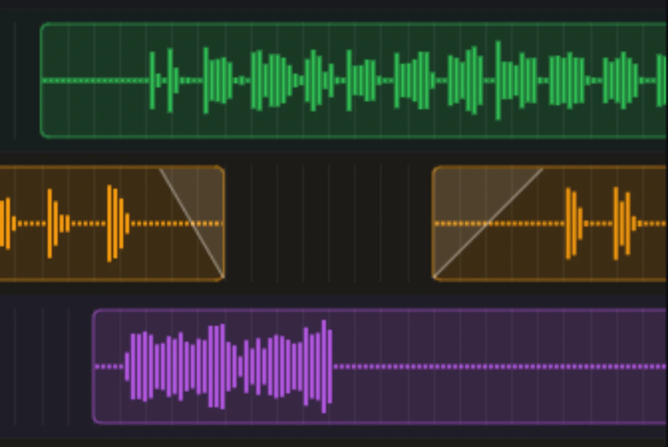 Close-up of stem waveforms with editable fade handles