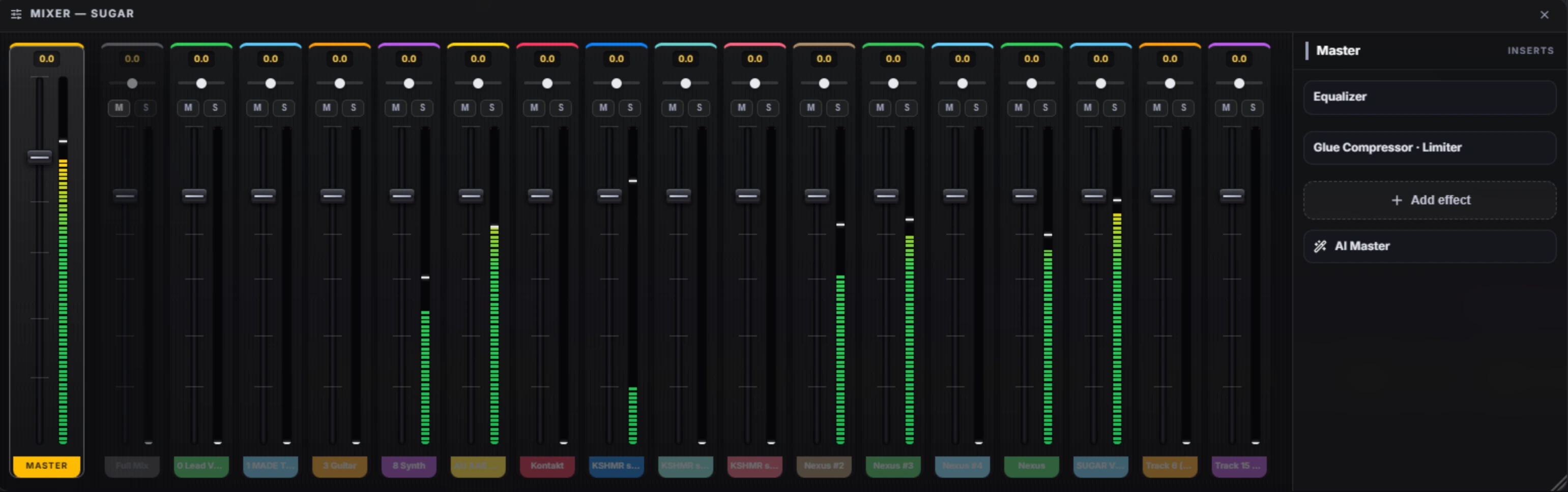 BuJaa Music Studio mixer: colored channel faders and meters for every stem, the gold master strip and the FX rack with Equalizer, Glue Compressor and AI Master
