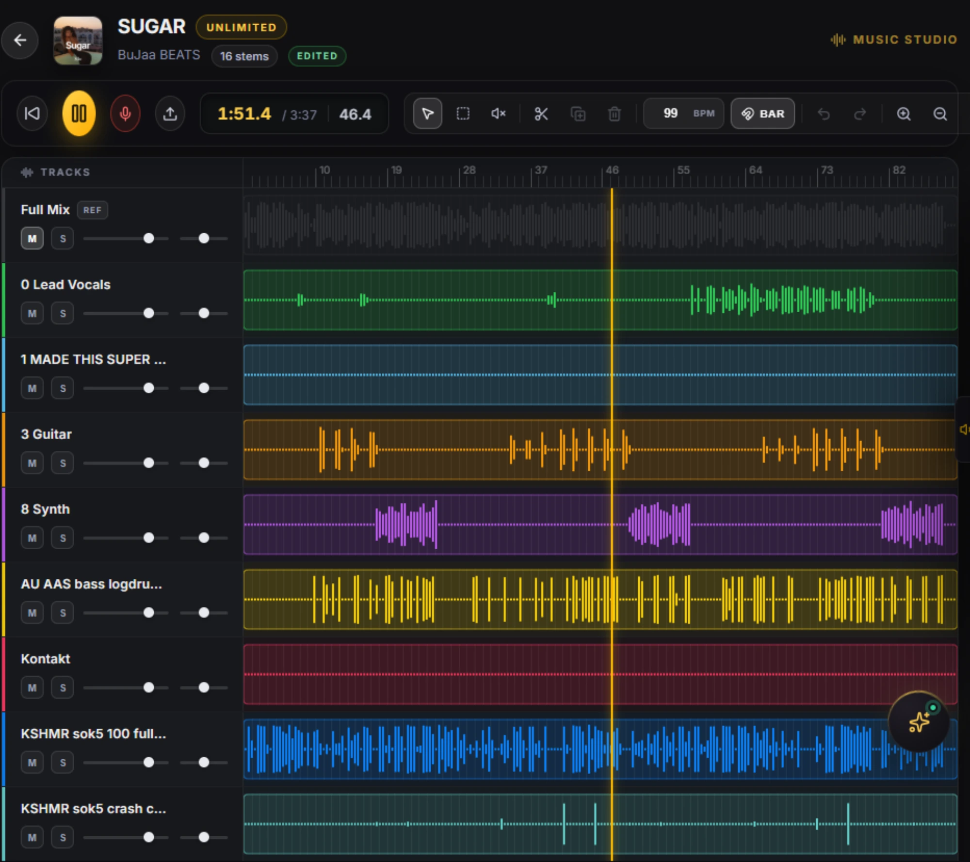 BuJaa Music Studio playing the SUGAR session, the playhead moving across the colored stems